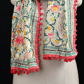 Ranihati Chanderi Silk Hand Embroidered Stole with Pom Pom 232