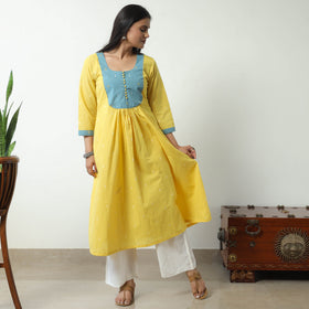 Yellow - Jacquard Cotton A-Line Kurta 04