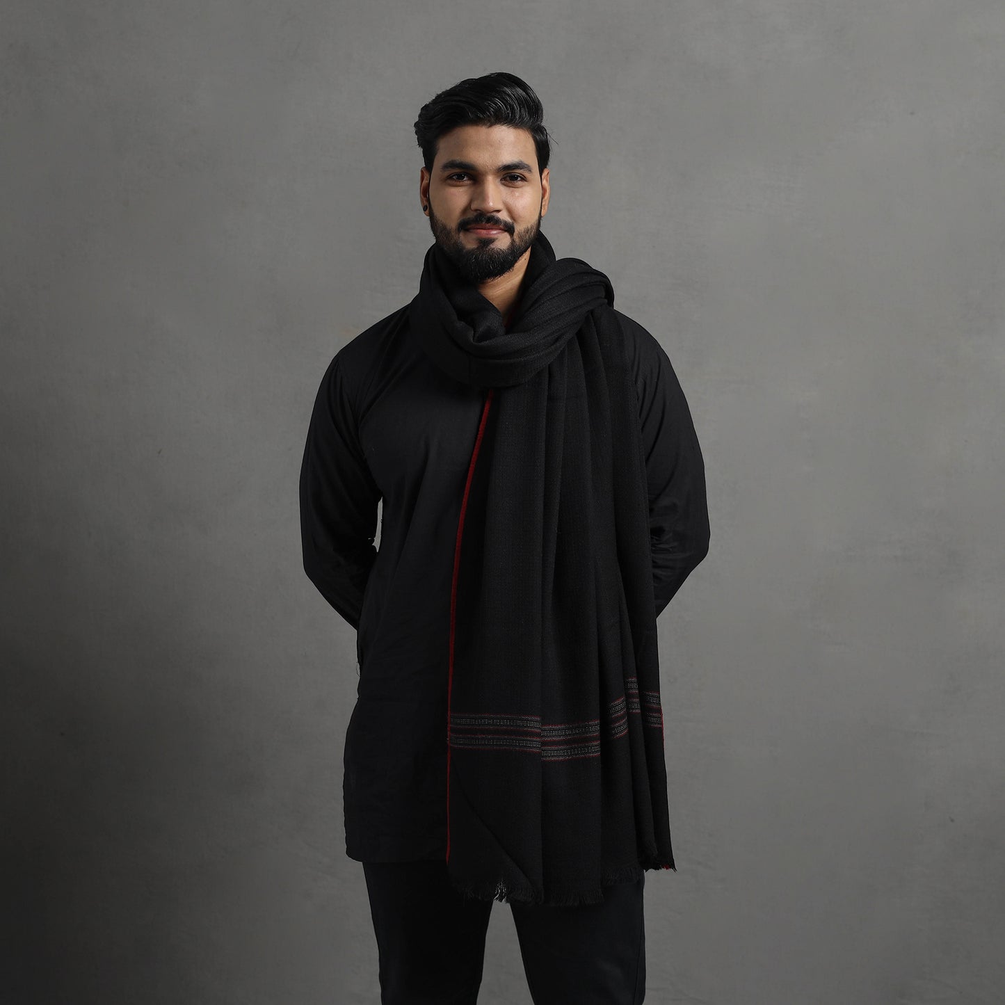 Black - Kumaun Handwoven Pure Merino Wool Shawl for Men 06