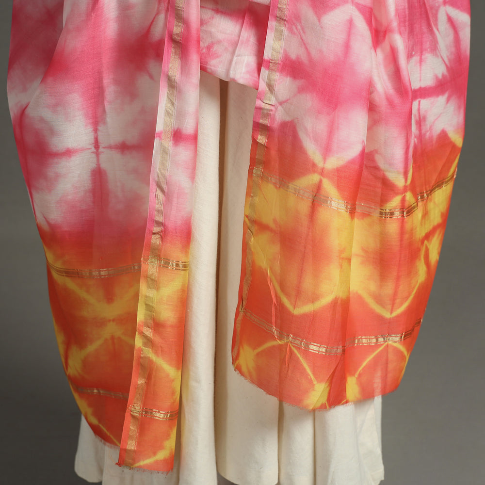 Pink - Shibori Tie-Dye Handloom Chanderi Silk Dupatta with Zari Border 63