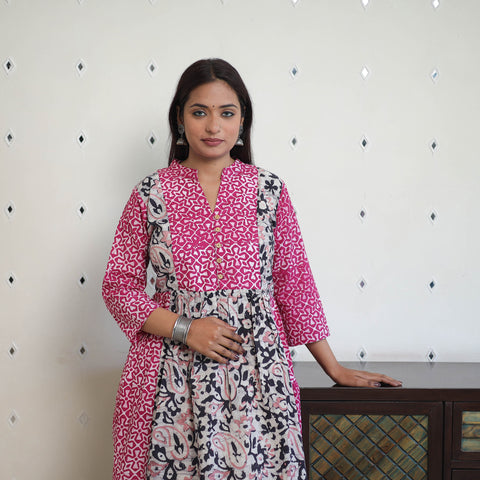 Pink - Cotton Flared Batik Print Kurta 07