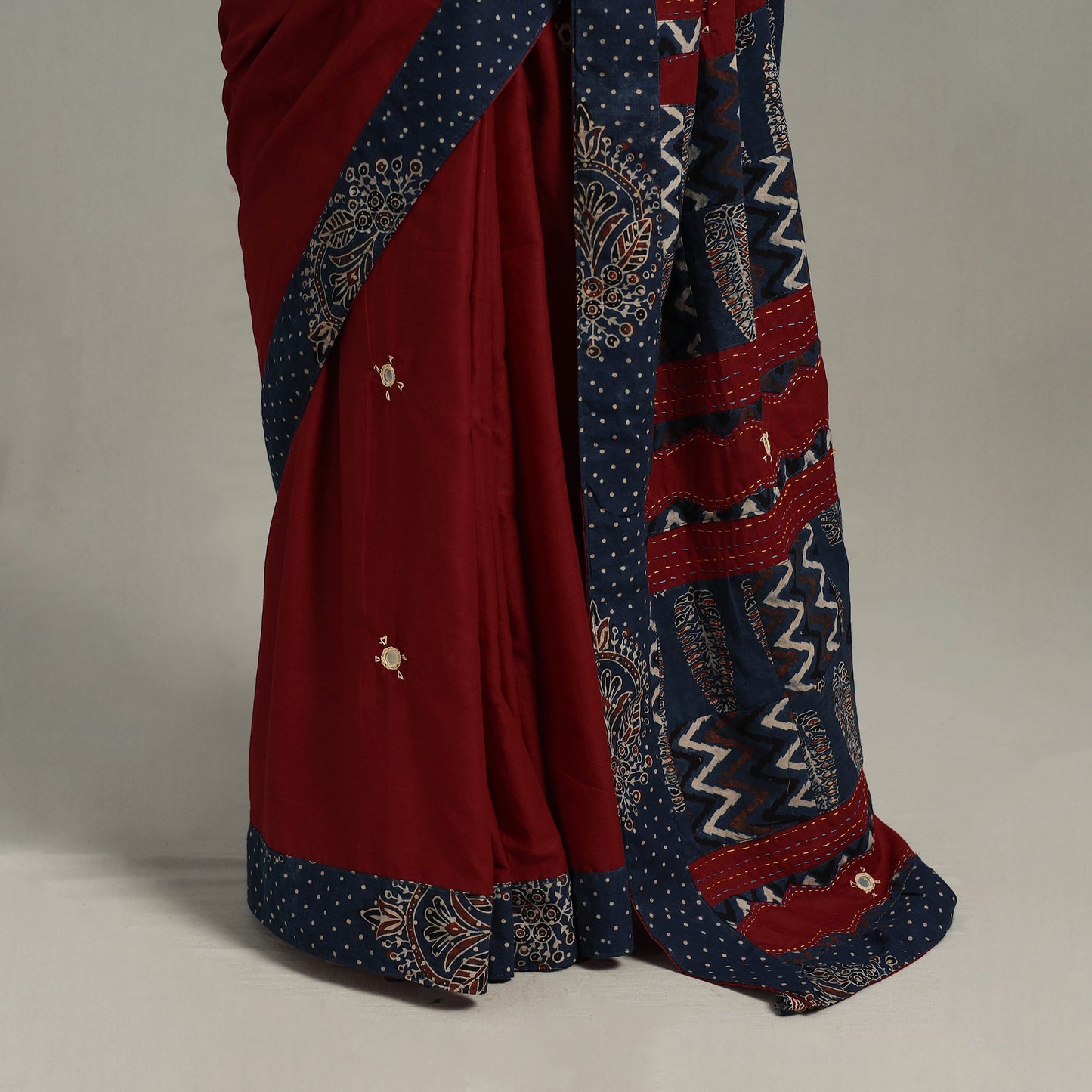 Maroon - Applique Patchwork Mul Cotton Tagai Ajrakh Saree 09