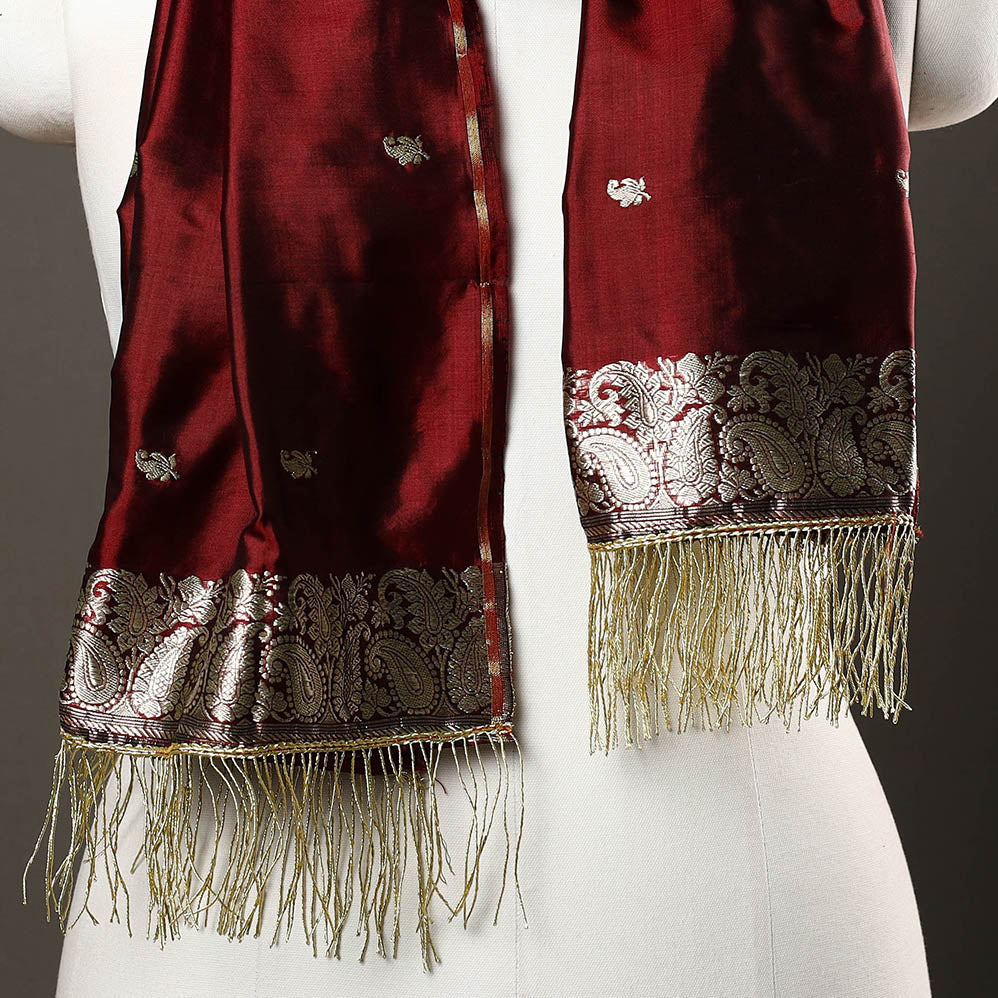 Maroon - Brocade Handloom Pure Silk Banarasi Stole with Tassels 17