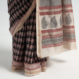 Black Bagh Hand Block Printed Natural Dyed Maheshwari Silk Saree 