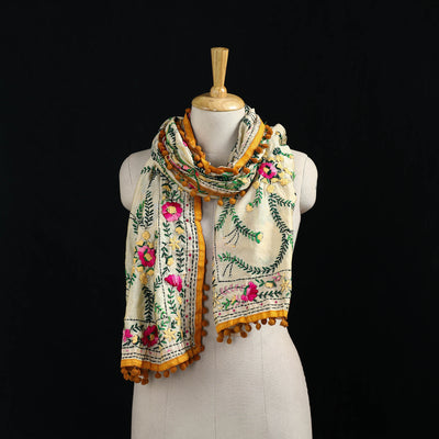 Ranihati Chanderi Silk Hand Embroidered Stole with Pom Pom 233