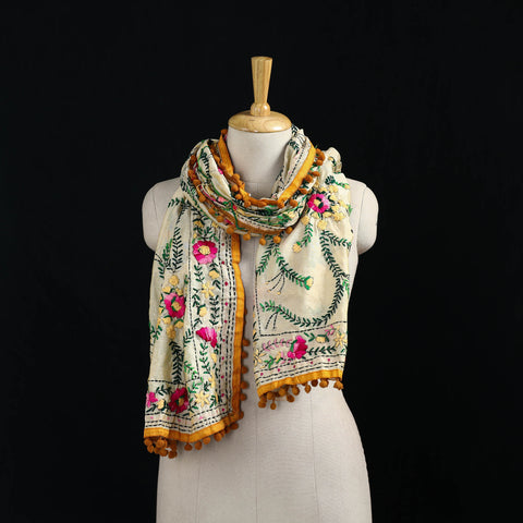 Ranihati Chanderi Silk Hand Embroidered Stole with Pom Pom 233