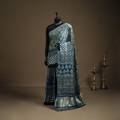 Ajrakh Hand Block Print Natural Dyed Lagdi Patta Border Modal Silk Saree 03