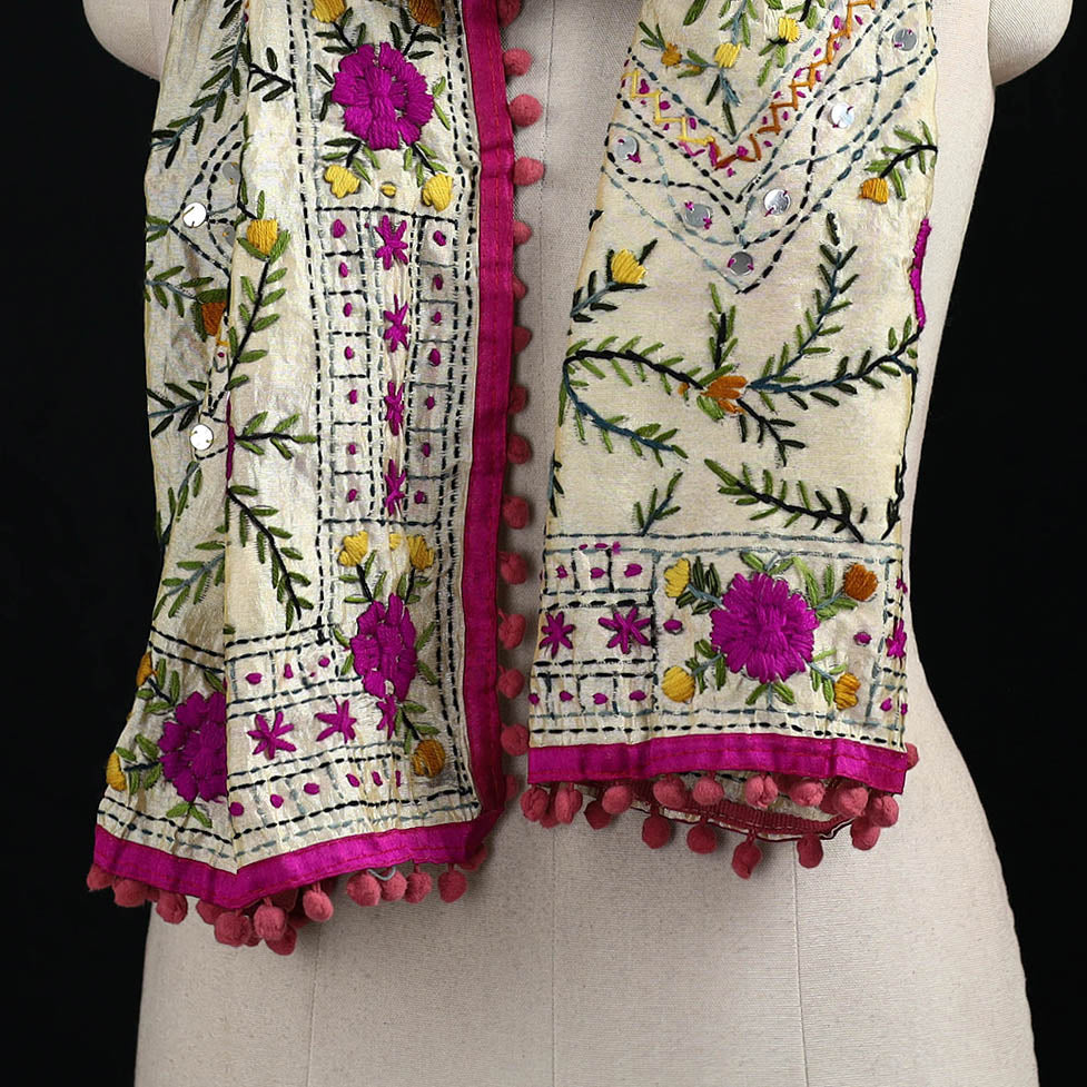 Ranihati Chanderi Silk Hand Embroidered Stole with Pom Pom 234