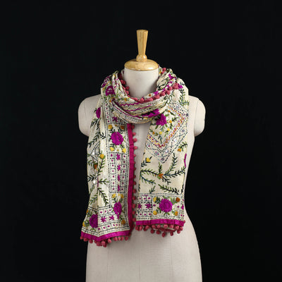 Ranihati Chanderi Silk Hand Embroidered Stole with Pom Pom 234