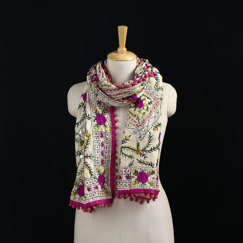 Ranihati Chanderi Silk Hand Embroidered Stole with Pom Pom 234