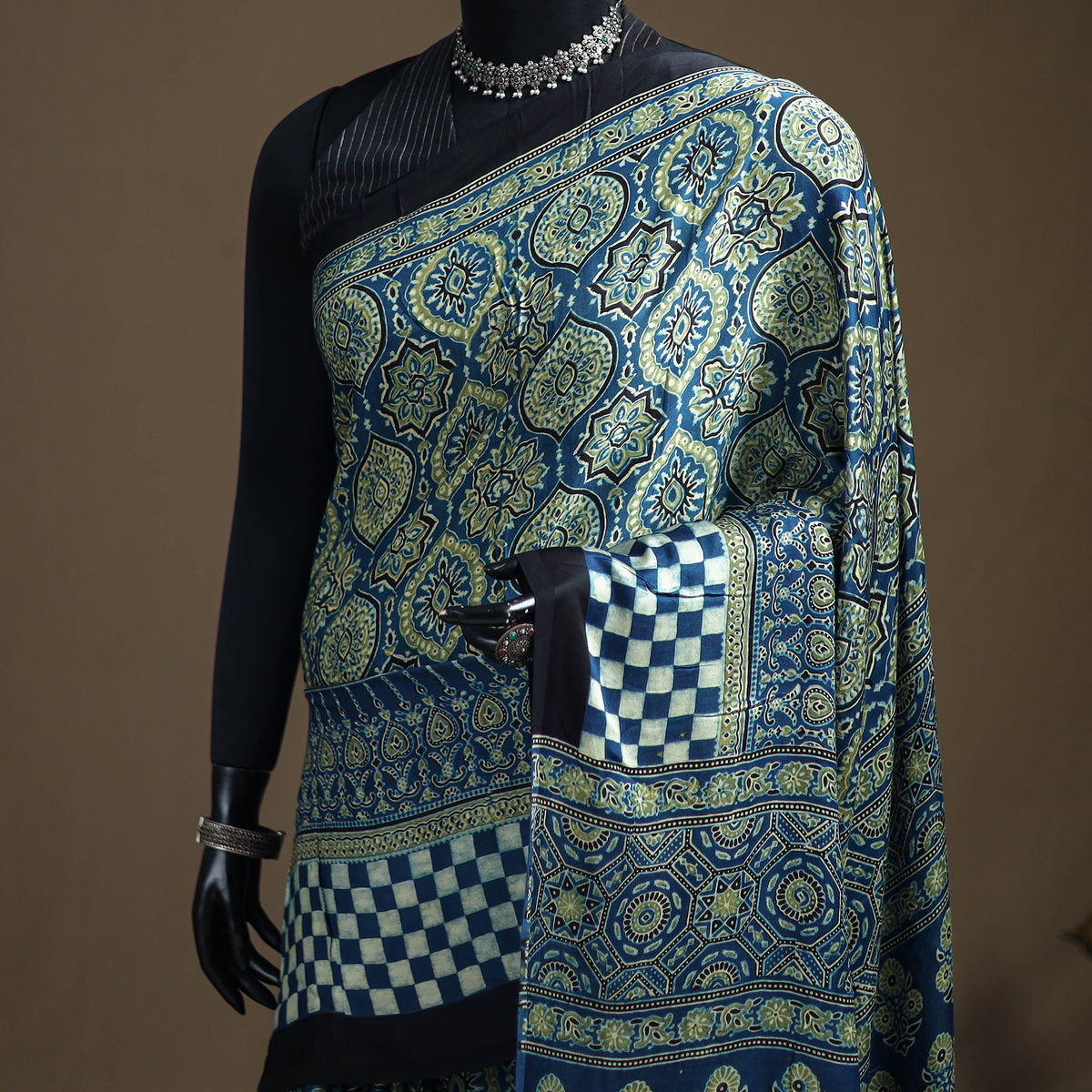 Ajrakh Hand Block Print Natural Dyed Lagdi Patta Border Modal Silk Saree 03