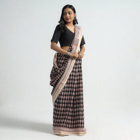 Black Bagh Hand Block Printed Natural Dyed Maheshwari Silk Saree 