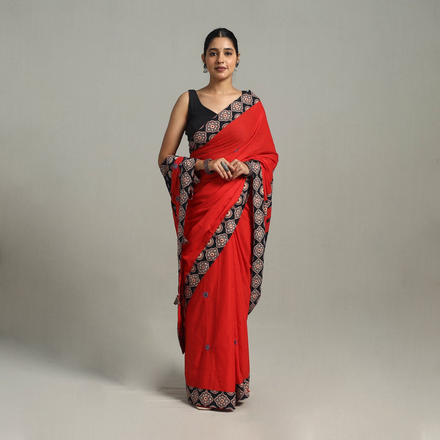 Red - Applique Patchwork Mul Cotton Tagai Ajrakh Saree 10