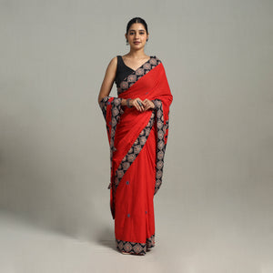 Red - Applique Patchwork Mul Cotton Tagai Ajrakh Saree 10