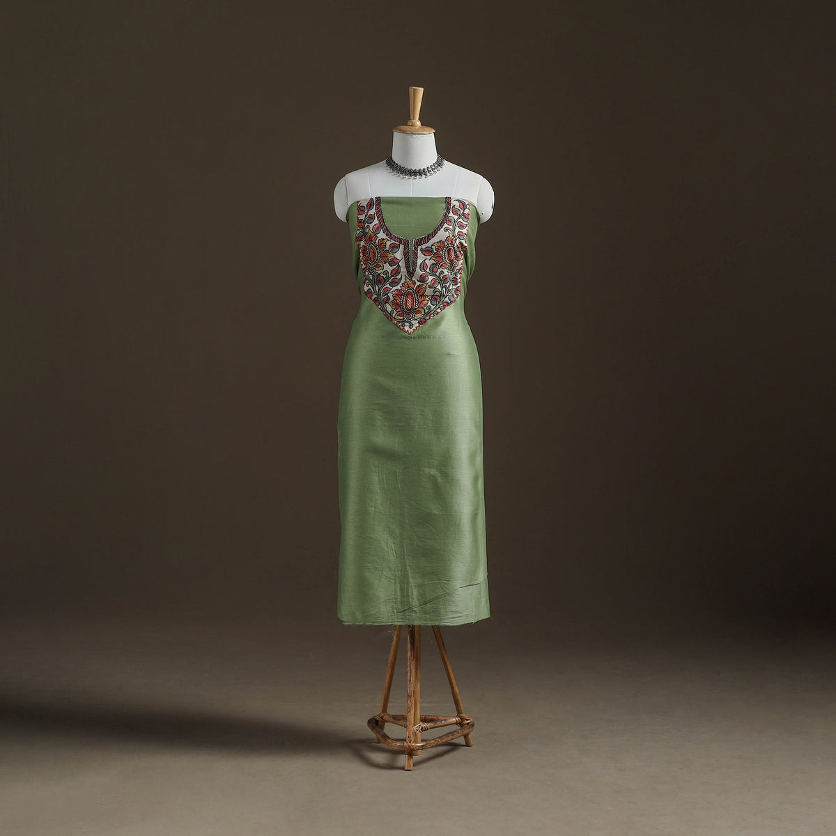 Green - Handpainted Srikalahasti Handloom Chanderi Silk Unstitched Kurta (2.3M) 23