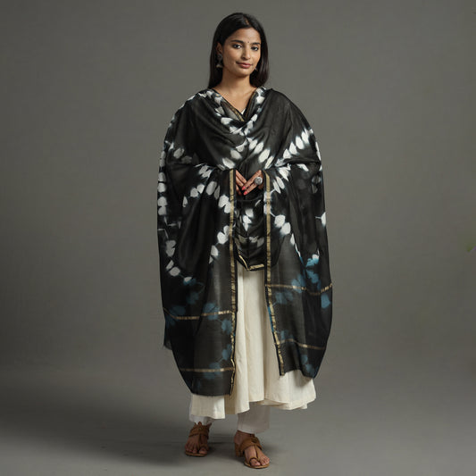 Black - Shibori Tie-Dye Handloom Chanderi Silk Dupatta with Zari Border 64