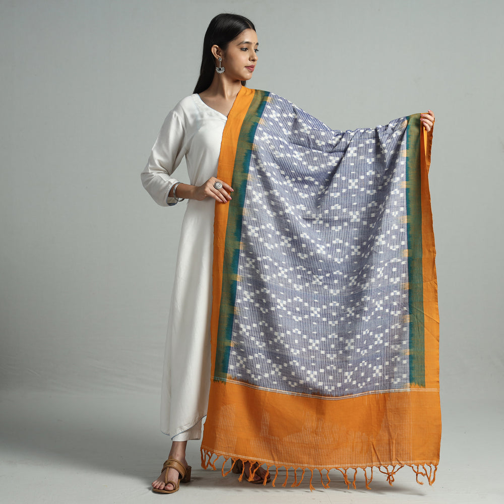 Grey - Pochampally Ikat Handloom Cotton Dupatta with Tassels 06