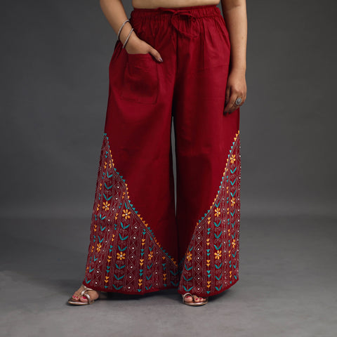 Red - Kantha Hand Embroidery Palazzo in Cotton 86