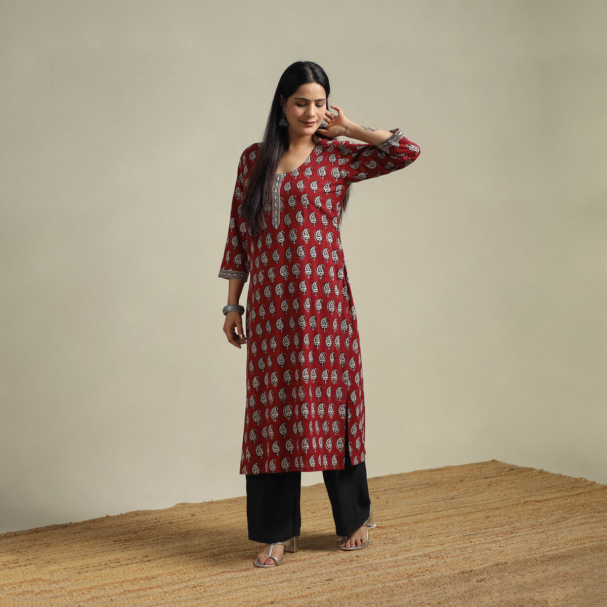 Red - Bagh Hand Block Print Natural Dyed Cotton Straight Kurta for women 04