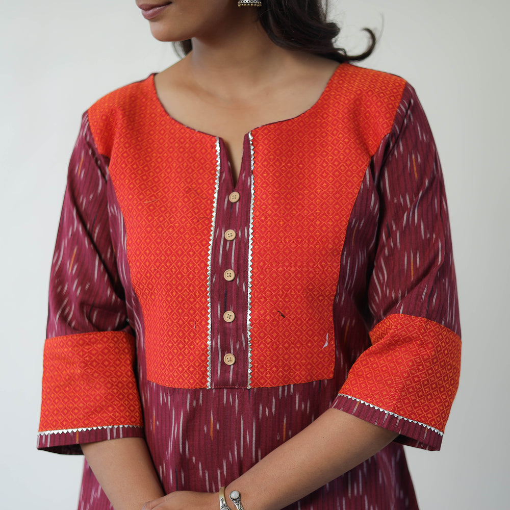 Purple - Handloom Cotton Pochampally Ikat Kurta Set with Dupatta 05