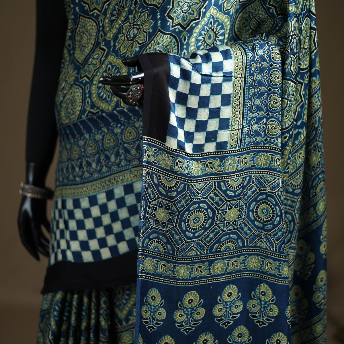 Ajrakh Hand Block Print Natural Dyed Lagdi Patta Border Modal Silk Saree 03