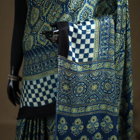 Ajrakh Hand Block Print Natural Dyed Lagdi Patta Border Modal Silk Saree 03