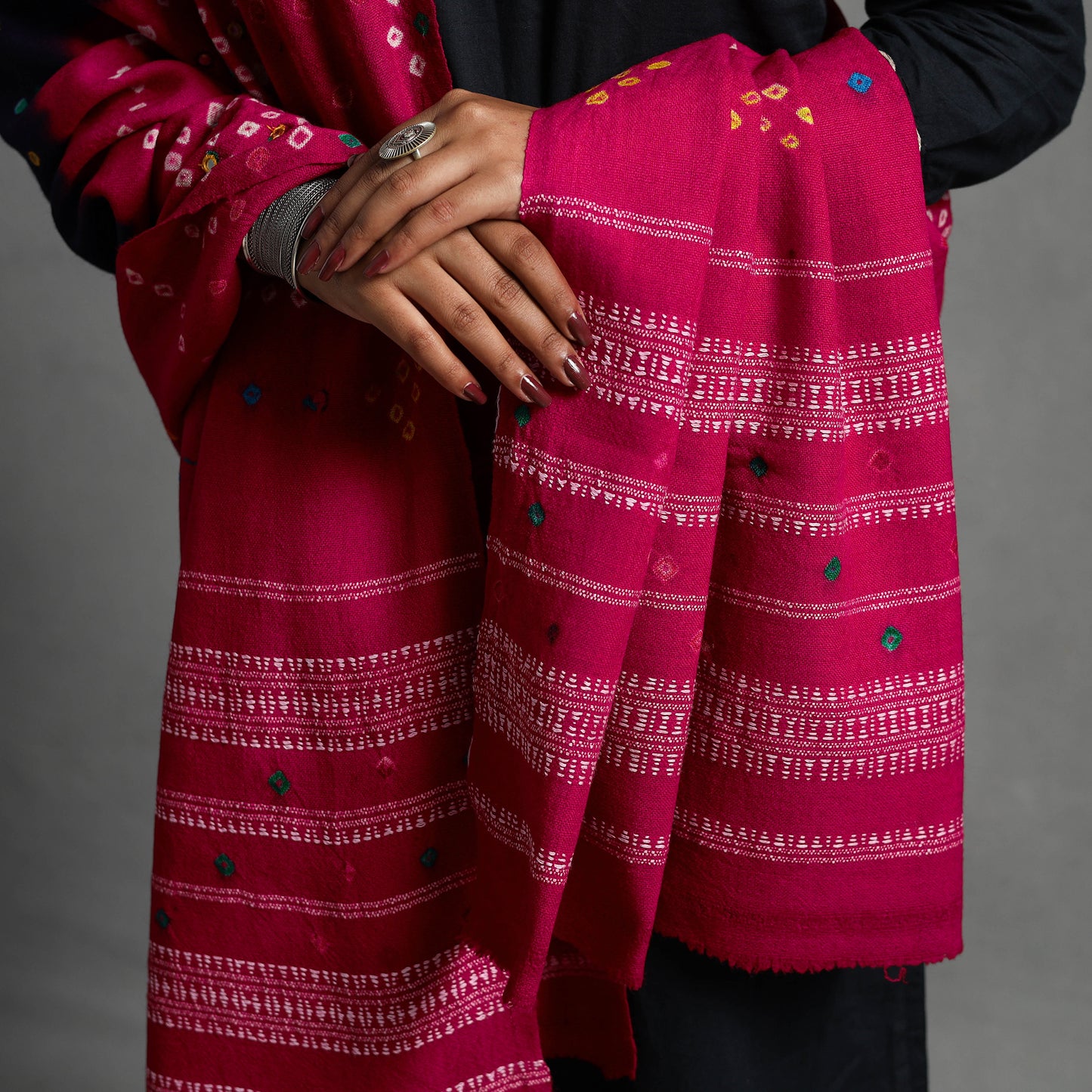 Pink - Kutch Mirror Work Handwoven Bandhani Bagida Woolen Shawl 11