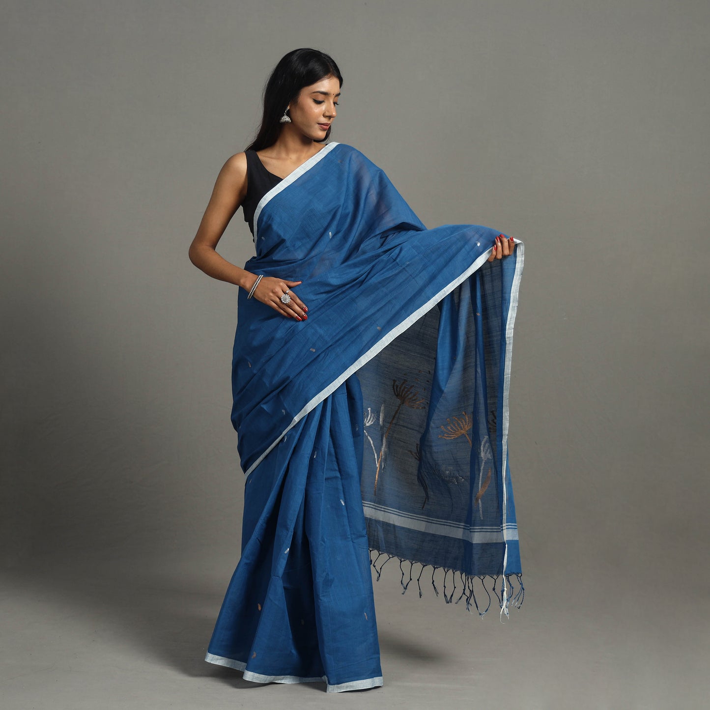 Blue - Pollen Jamdani Cotton Handloom Saree 49