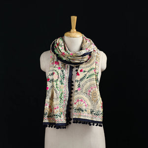 Beige - Ranihati Chanderi Silk Hand Embroidered Stole with Pom Pom 235
