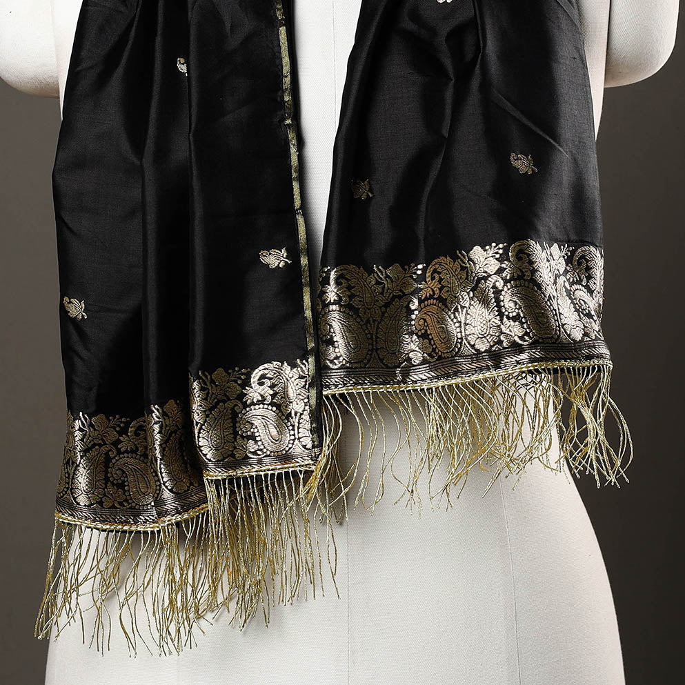 Black - Brocade Handloom Pure Silk Banarasi Stole with Tassels 14