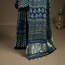 Ajrakh Hand Block Print Natural Dyed Lagdi Patta Border Modal Silk Saree 03
