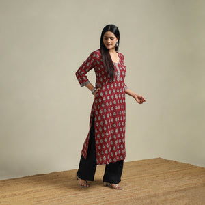 Red - Bagh Hand Block Print Natural Dyed Cotton Straight Kurta for women 04