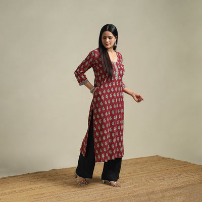 Red - Bagh Hand Block Print Natural Dyed Cotton Straight Kurta for women 04