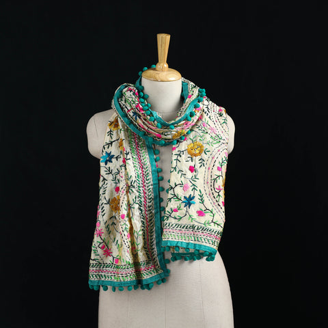 Ranihati Chanderi Silk Hand Embroidered Stole with Pom Pom 236