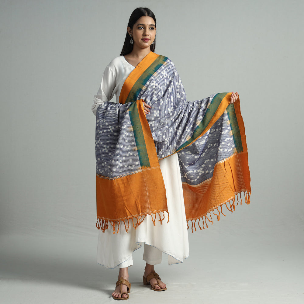 Grey - Pochampally Ikat Handloom Cotton Dupatta with Tassels 06