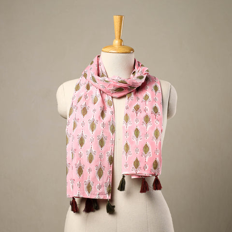 Buy Block Print Cotton Pink Sanganeri Stole with Tassels