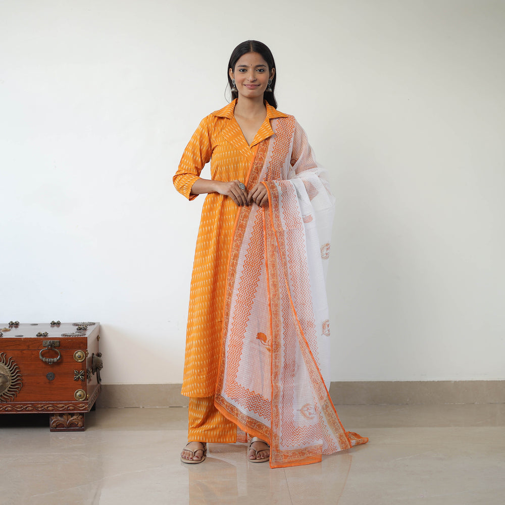 Orange - Handloom Cotton Pochampally Ikat Kurta Set with Dupatta 07