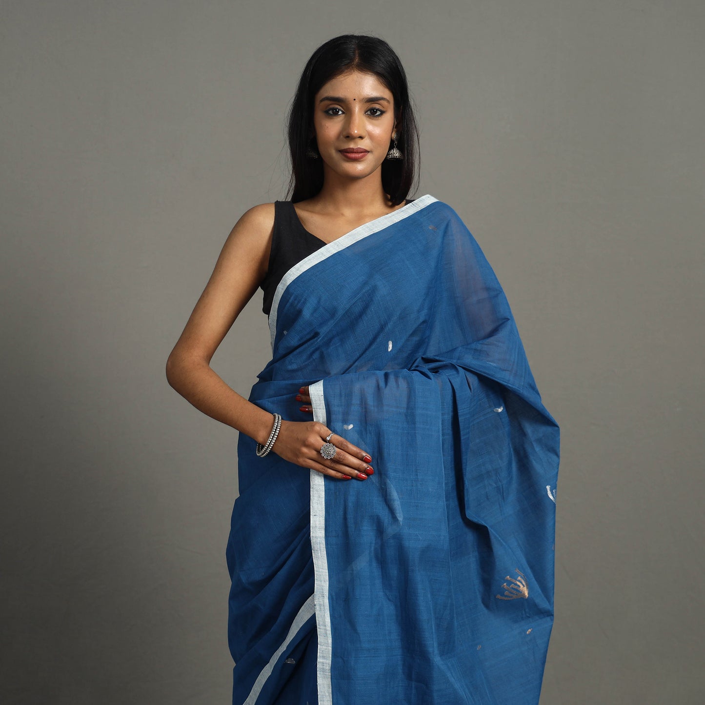 Blue - Pollen Jamdani Cotton Handloom Saree 49