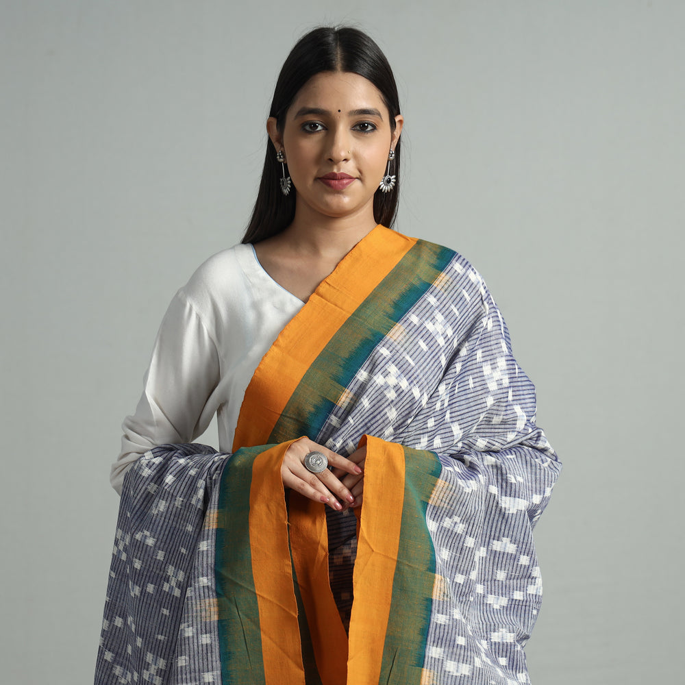 Grey - Pochampally Ikat Handloom Cotton Dupatta with Tassels 06