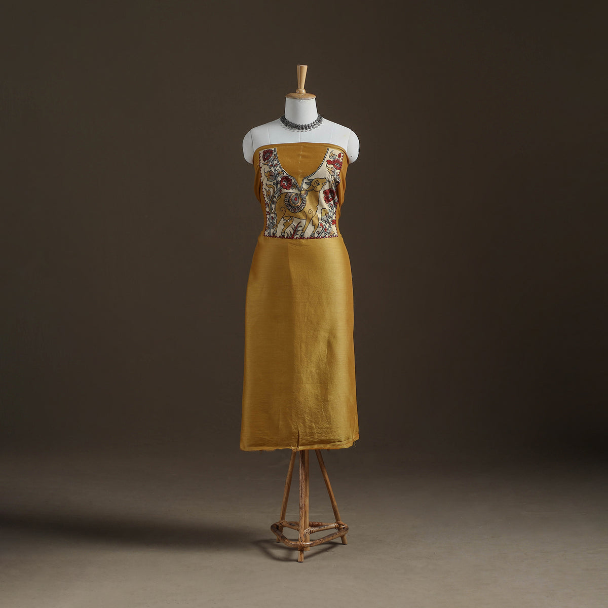 Yellow - Handpainted Srikalahasti Handloom Chanderi Silk Unstitched Kurta (2.3M) 24