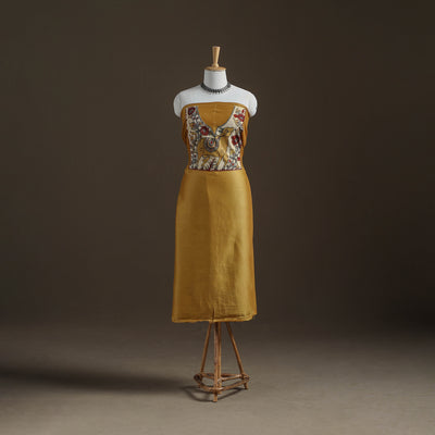 Yellow - Handpainted Srikalahasti Handloom Chanderi Silk Unstitched Kurta (2.3M) 24