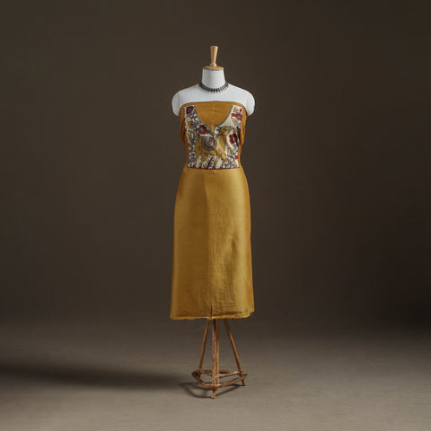 Yellow - Handpainted Srikalahasti Handloom Chanderi Silk Unstitched Kurta (2.3M) 24