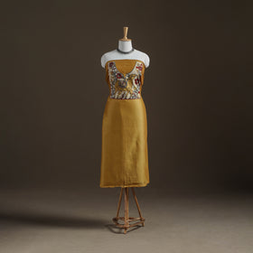 Yellow - Handpainted Srikalahasti Handloom Chanderi Silk Unstitched Kurta (2.3M) 24