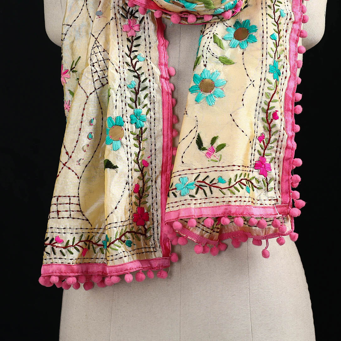 Ranihati Chanderi Silk Hand Embroidered Stole with Pom Pom 238