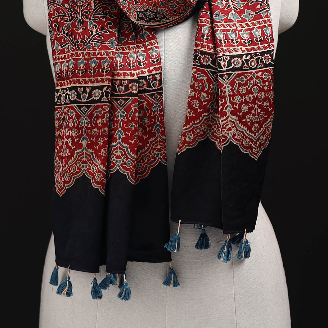 Ajrakh Hand Block Print Natural Dyed Mashru Silk Stole 01