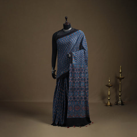 Ajrakh Hand Block Print Natural Dyed Pure Mul Cotton Saree 04