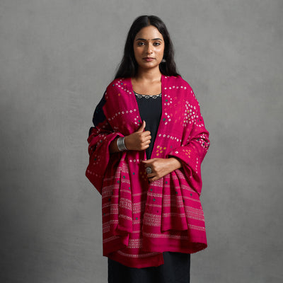 Pink - Kutch Mirror Work Handwoven Bandhani Bagida Woolen Shawl 11