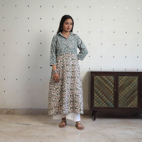 Green - Cotton A-Line Batik Print Kurta 05