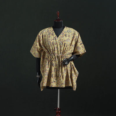 Yellow - Kalamkari Hand Block Print Natural Dyed Cotton Kaftan (Short) 31