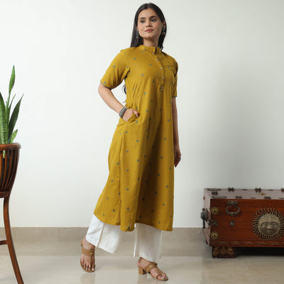 Yellow - Jacquard Cotton A-Line Kurta 24